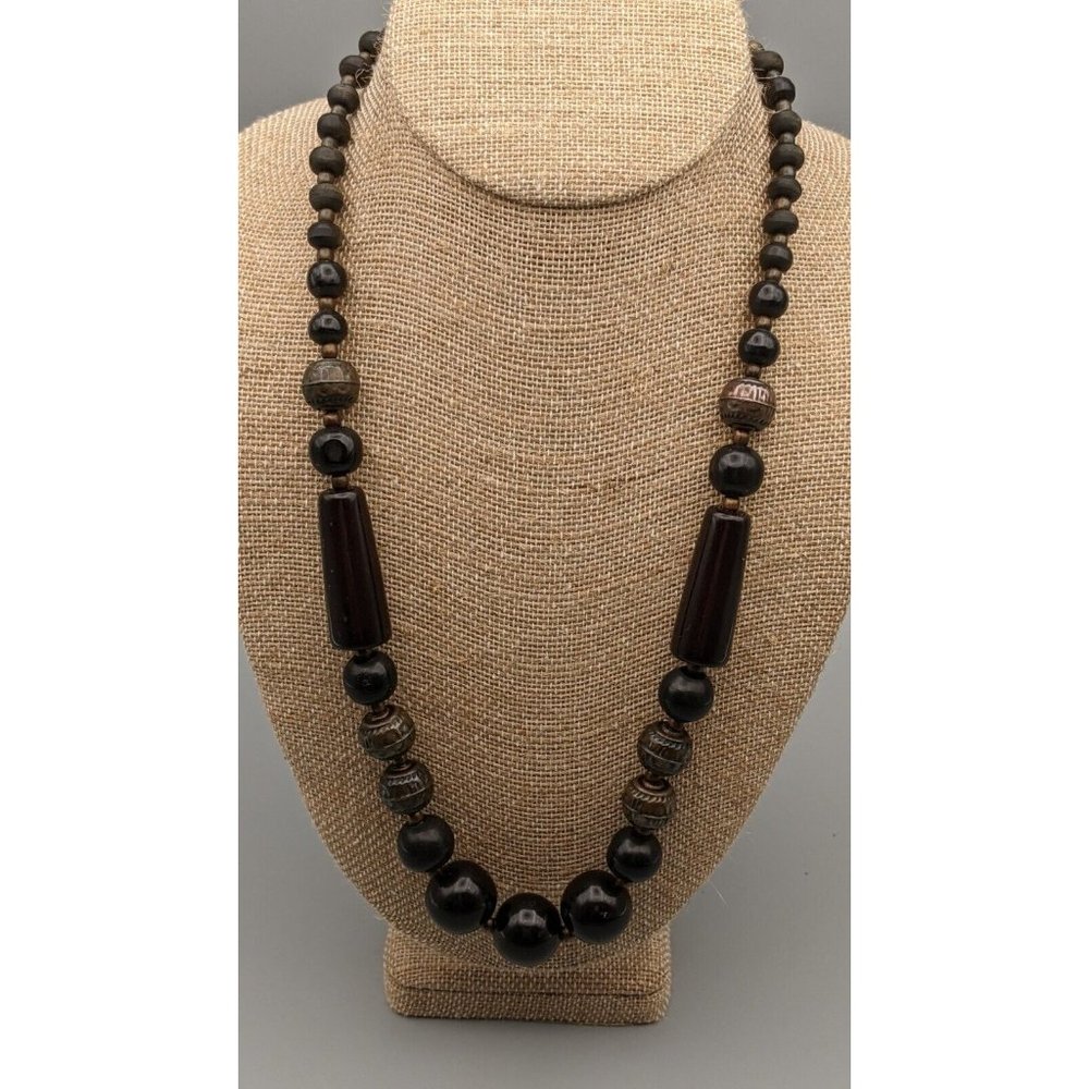 Vintage Large Black Lucite and Metal Beaded Necklace  24"